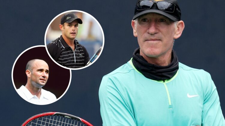 Image of Brad Gilbert watching Coco Gauff train in preparation for the 2023 US Open, inset of Andy Roddick looking on during his match against Edua...