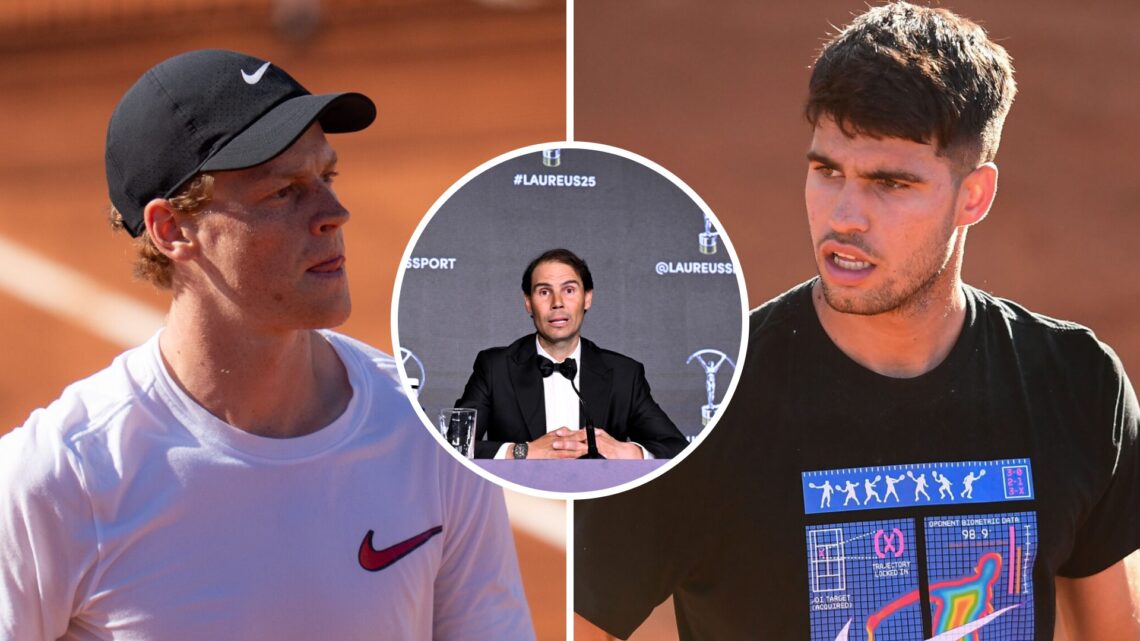 Split image of Jannik Sinner looking on during a training session ahead of the 2025 Italian Open, image of Carlos Alcaraz training in Rome ahead of...