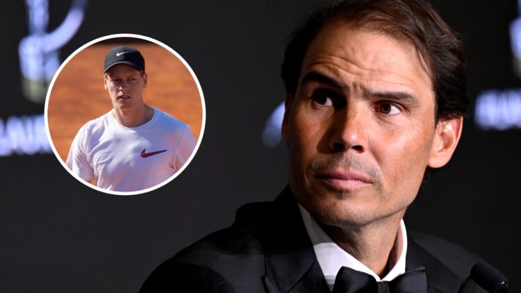 Image of Rafael Nadal speaking at the Laureus World Sports Awards in 2025, inset of Jannik Sinner training ahead of the 2025 Italian Open in Rome