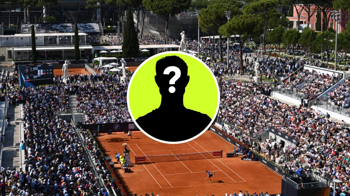 Image of Court Pietrangeli during Daniil Medvedev's win over Cameron Norrie at the 2025 Italian Open, inset of a male mystery player