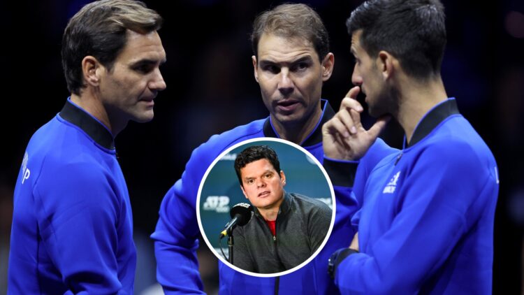 Roger Federer (L), Rafael Nadal (M), and Novak Djokovic (R) at the Laver Cup, Milos Raonic (M) speaking at a press conference