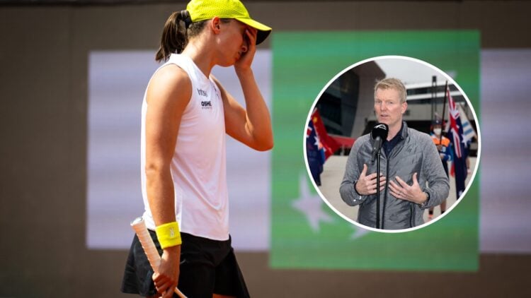 Iga Swiatek reacts while playing at the 2025 Italian Open, inset Jim Courier speaks at the 2022 Australian Open