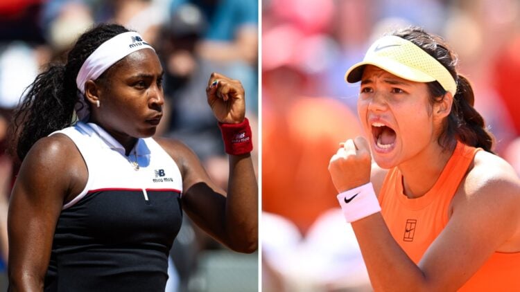 Coco Gauff (L) celebrating at the Italian Open, Emma Raducanu (R) celebrating at the Italian Open
