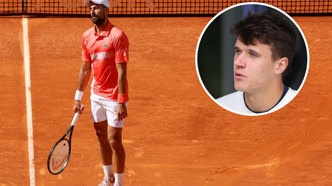 Novak Djokovic reacts to Italy's Matteo Arnaldi during their 2025 ATP Tour Madrid Open tennis tournament second round singles match at the Caja Mag...
