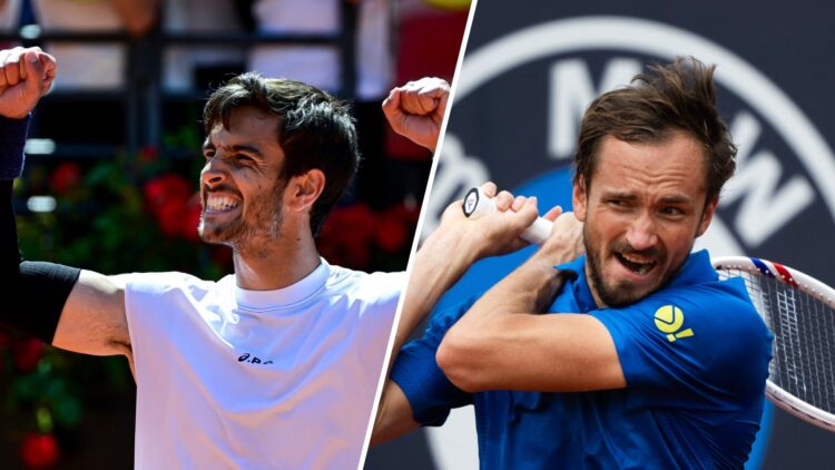 Lorenzo Musetti (L) celebrating at the Italian Open, Daniil Medvedev (R) playing at the Italian Open