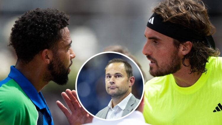 Arthur Fils (L) and Stefanos Tsitsipas (R) exchanging words at the Italian Open, Andy Roddick (M) at the US open