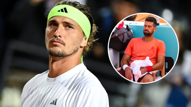 Alexander Zverev looks on during a match at the 2025 Italian Open, inset Novak Djokovic sits courtside during a match at the 2025 Madrid Open