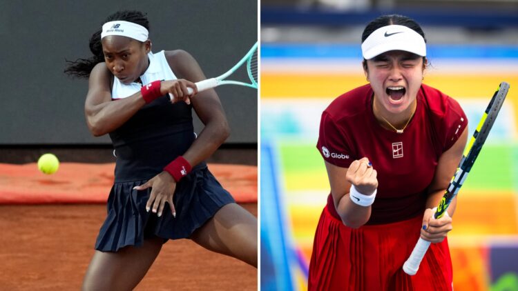 Split image of Coco Gauff (L) plays at the 2025 Italian Open, Alexandra Eala (R) celebrates at the 2025 Miami Open