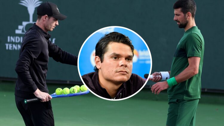 Andy Murray (L) and Novak Djokovic (R) in practice in 2025, Milos Raonic at a press conference in 2018