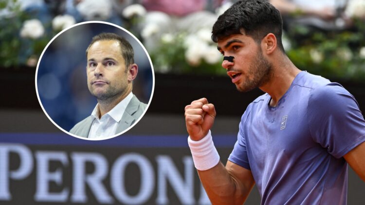Carlos Alcaraz celebrates at the 2025 Italian Open, inset Andy Roddick looks on during the 2023 US Open trophy presentations