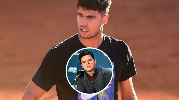 Carlos Alcaraz (T) at the Italian Open, Milos Raonic (B) at a press conference