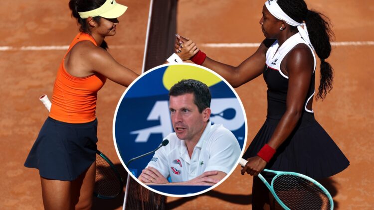 Emma Raducanu (L) and Coco Gauff (R) shaking hands at the Italian Open, Tim Henman (M) at a press conference