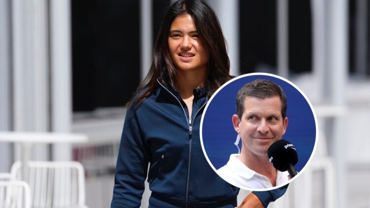 Emma Raducanu (L) in Madrid, Tim Henman (R) on commentary