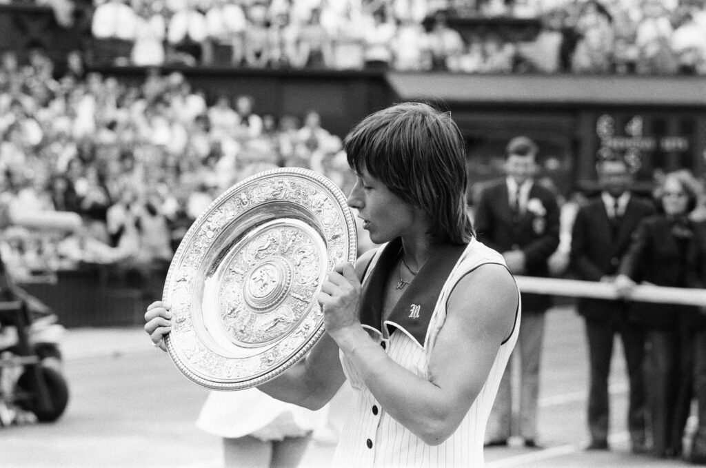 Martina Navratilova holds the Venus Rosewater Dish at Wimbledon in 1978 after beating Chris Evert.