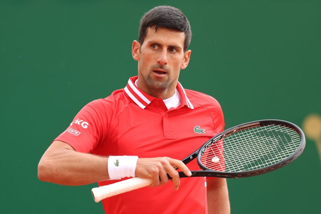Novak Djokovic of Serbia looks on during their Round 32 match against Jannik Sinner of Italy during day four of the Rolex Monte-Carlo Masters at Monte-Carlo Country Club.