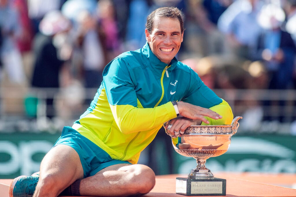 Rafael Nadal of Spain with the trophy after his victory against Casper Rudd of Norway during the Singles Final for Men on Court Philippe Chatrier at the 2022 French Open Tennis Tournament at Roland Garros.