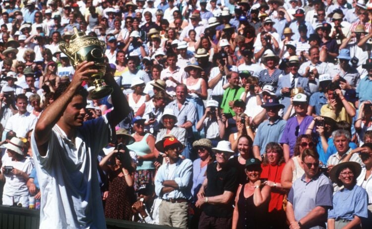 3 JUL 1994:  WIMBLEDON MENS FINAL. PETE SAMPRAS OF THE USA HOLDS THE TROPHY UP AFTER BEATING  GORAN IVANISEVIC OF CROATIA IN STRAIGHT SETS. 7-6 (7-...