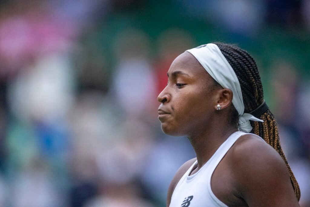 Coco Gauff reacts at Wimbledon 2023.