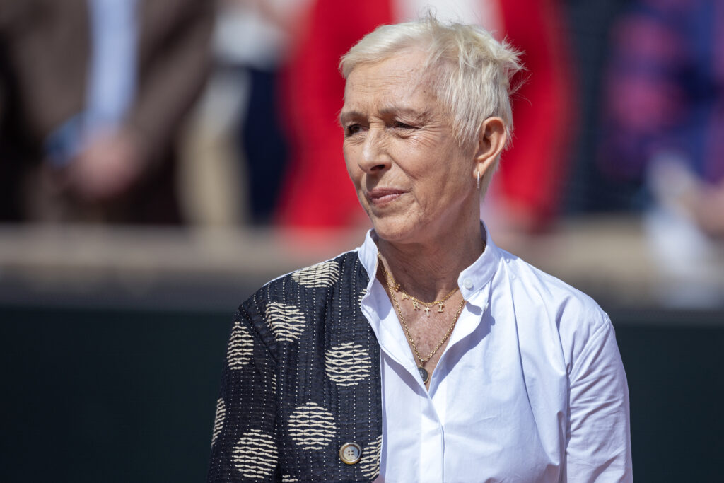 Martina Navratilova during the trophy presentations, which she presented along with Chris Evert after the Women's Singles Final on Court Philippe-Chatrier at the 2024 French Open Tennis Tournament at Roland Garros.