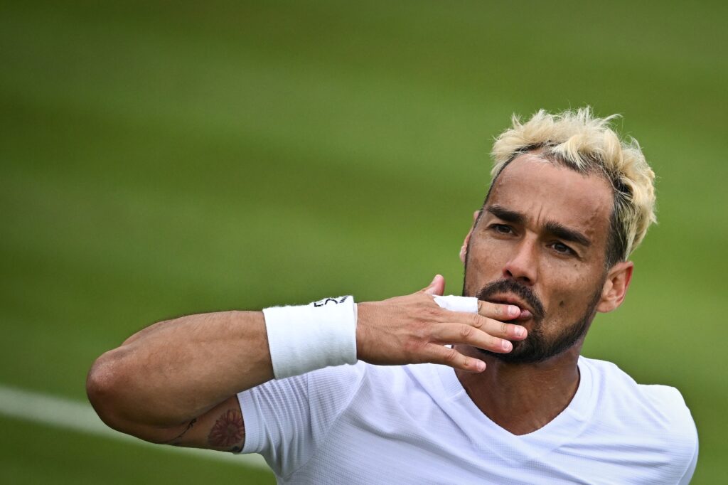 Fabio Fognini celebrates his win over Casper Ruud at Wimbledon in 2024