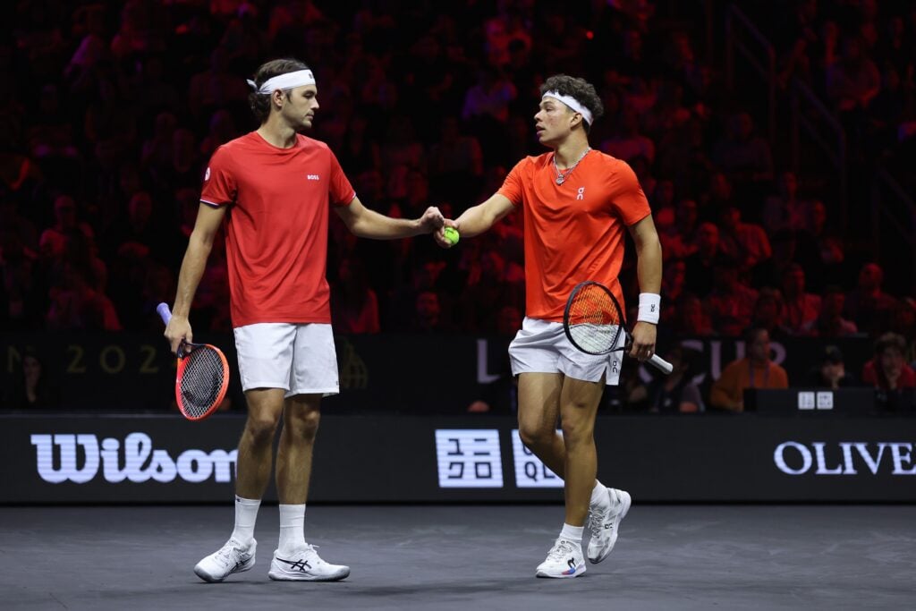 Ben Shelton and Taylor Fritz play doubles at the Laver Cup