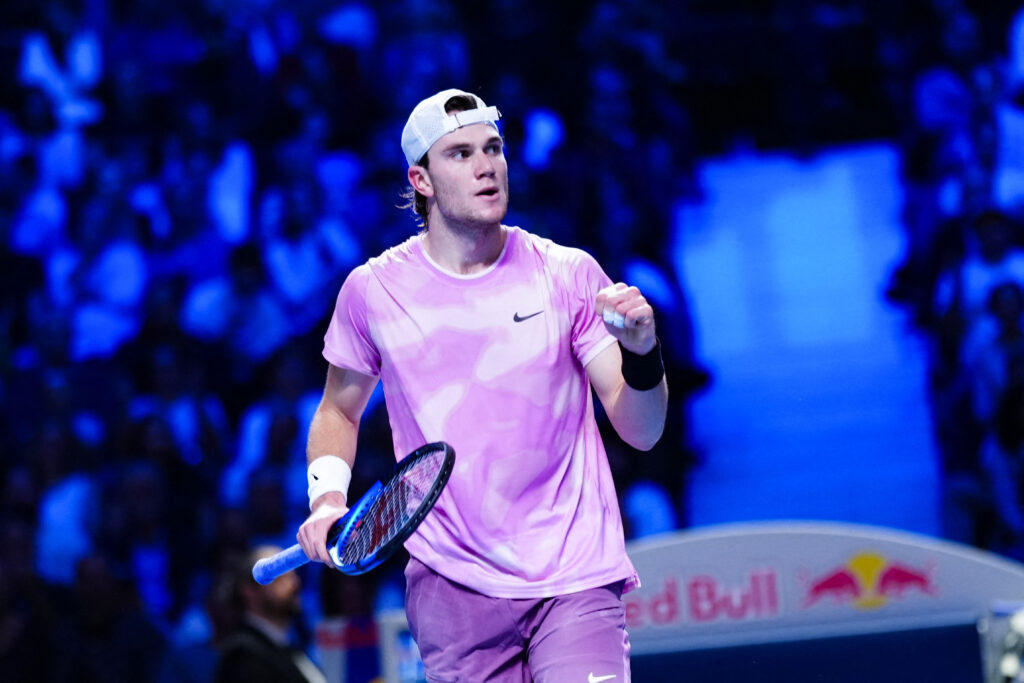 Britain's Jack Draper reacts during his match with Italy's Lorenzo Musetti (unseen) during the semi-final men's single match of the ATP Erste Bank Open tennis tournament on October 26, 2024 in Vienna, Austria.