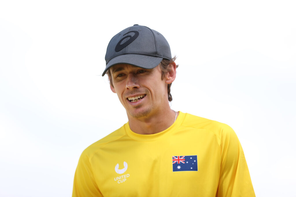 Alex de Minaur of Team Australia speaks to the media during a 2025 United Cup media opportunity at Bennelong Lawn.