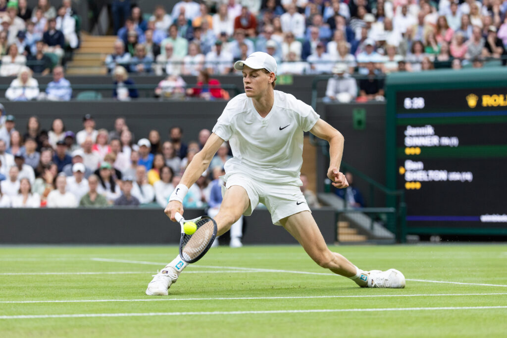 Jannik Sinner of Italy in action during the Men's Singles against Ben Shelton of the USA (not pictured) at The Wimbledon Lawn Tennis Championship at the All England Lawn and Tennis Club at Wimbledon.