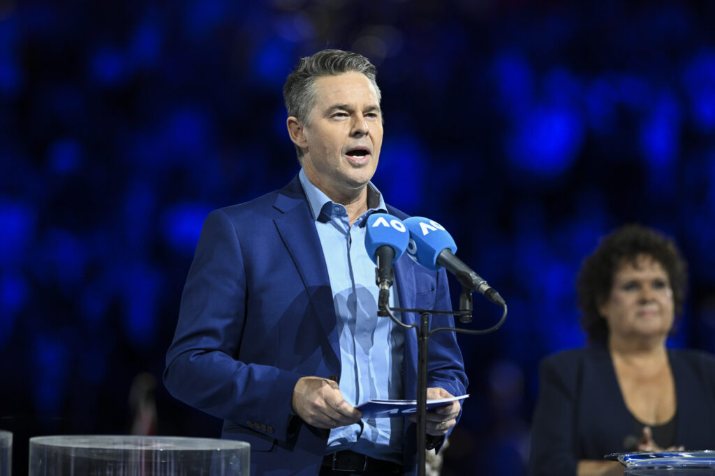 Todd Woodbridge speaks after the 2025 Australian Open women's final