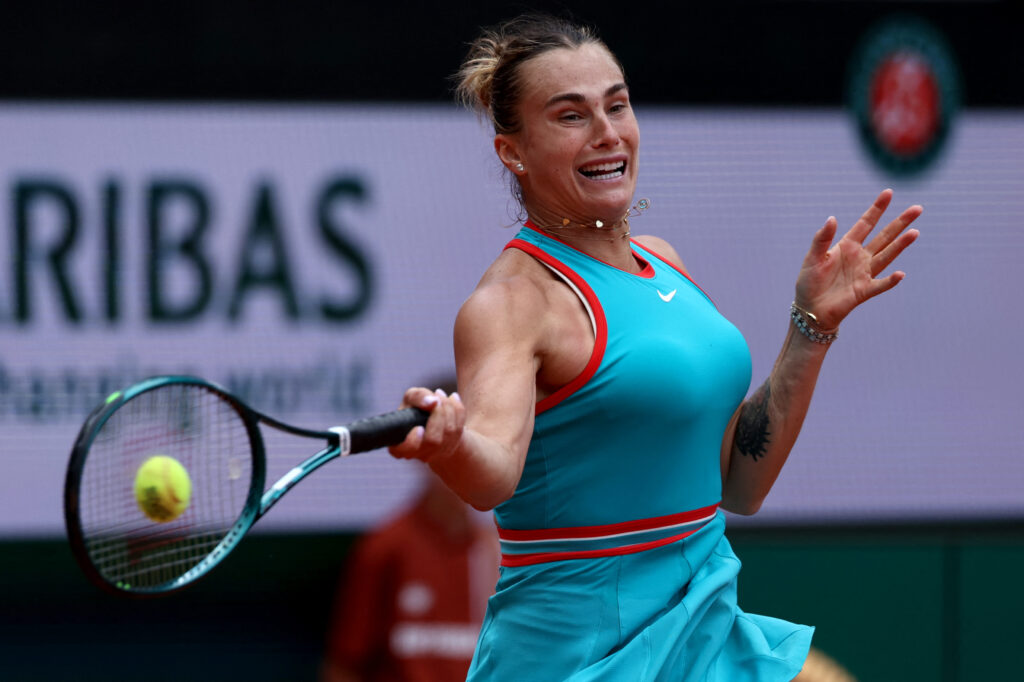 Aryna Sabalenka hits a forehand at the 2025 French Open