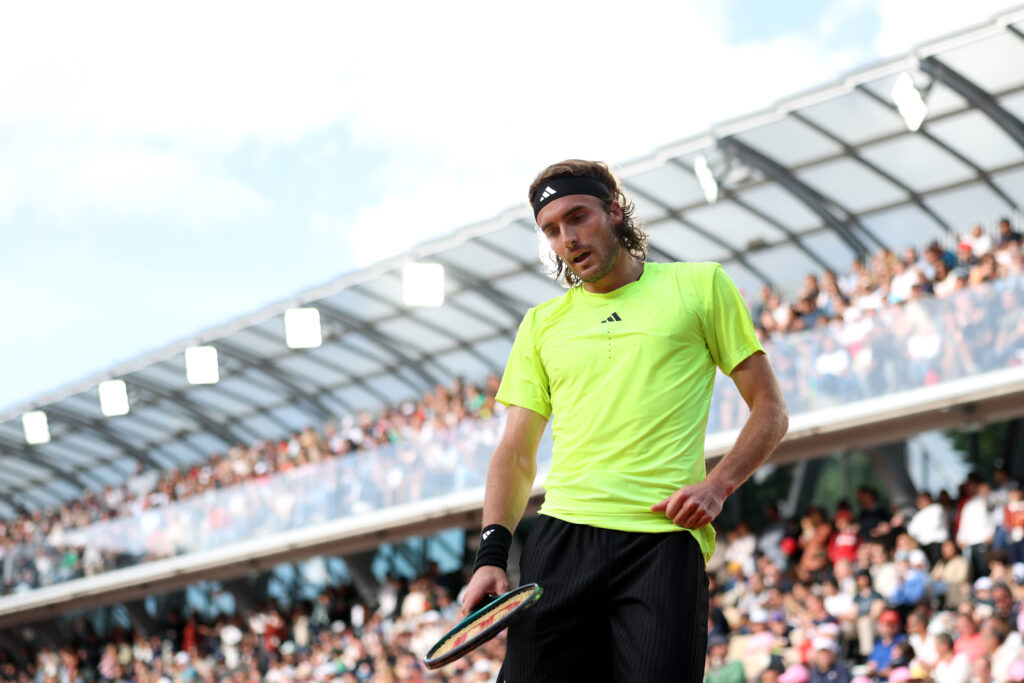 Stefanos Tsitsipas of Greece reacts against Matteo Gigante of Italy during the Men's Singles Second Round match on Day Four of the 2025 French Open at Roland Garros.