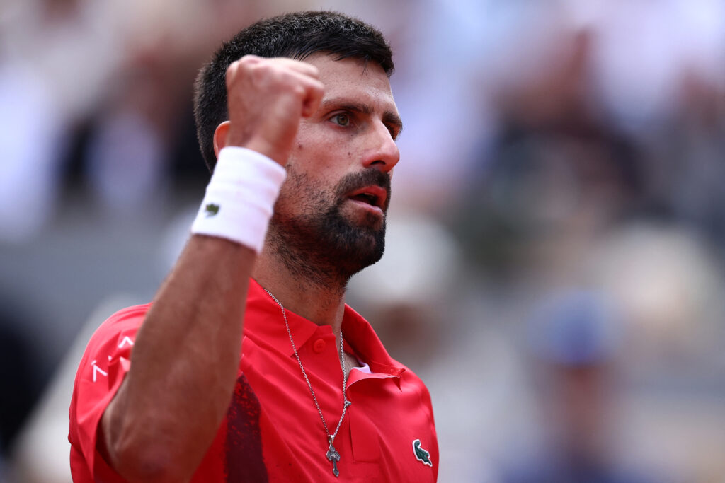 Novak Djokovic celebrates during his win over Cameron Norrie at the 2025 French Open
