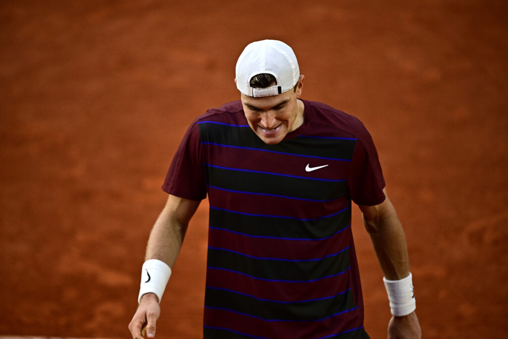 Britain's Jack Draper reacts during his men's singles match against Kazakhstan's Alexander Bublik on day 9 of the French Open tennis tournament on Court Suzanne-Lenglen at the Roland-Garros Complex.