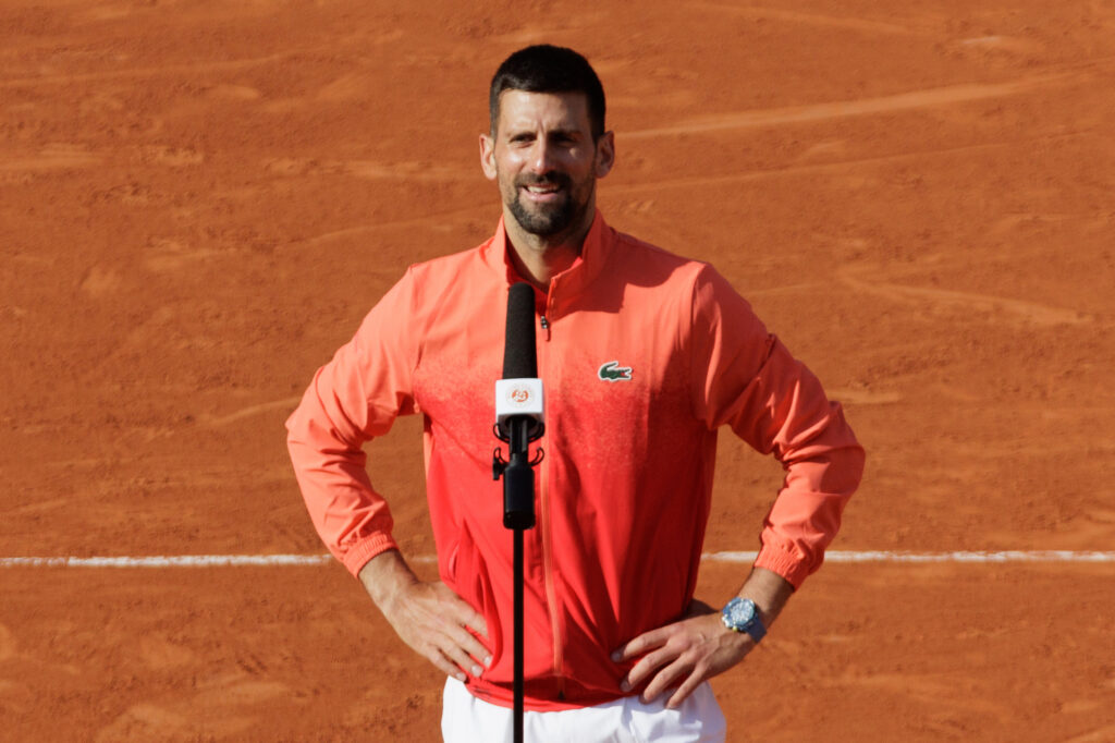Novak Djokovic of Serbia is interviewed following victory against Cameron Norrie of Great Britain during the Men's Singles Fourth Round match on Day Nine of the 2025 French Open at Roland Garros