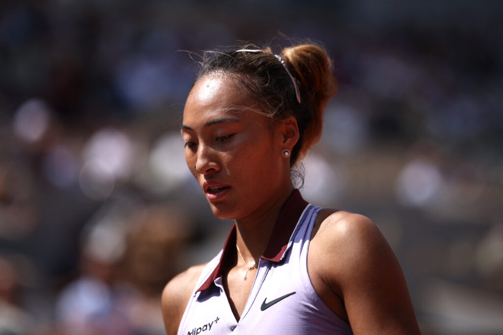 Qinwen Zheng reacts during her defeat to Aryna Sabalenka at the 2025 French Open