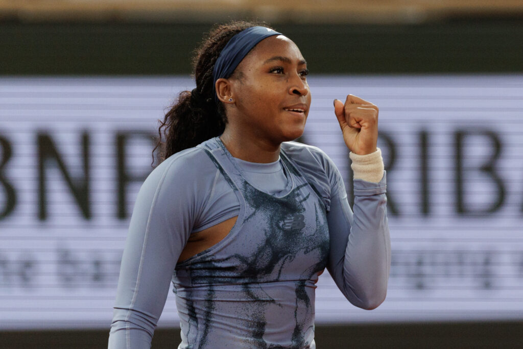 Coco Gauff of United States celebrates winning match point against Madison Keys of United States in the Women's Singles Quarter Final