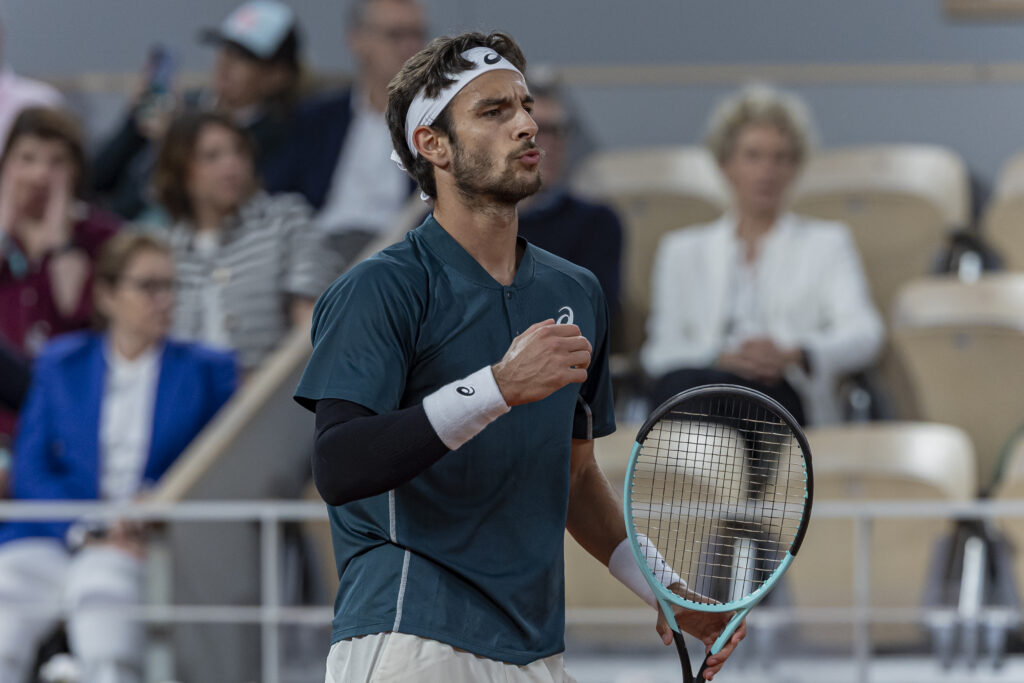 Lorenzo Musetti plays during the match at the Roland Garros Grand Slam Tournament in Paris, France