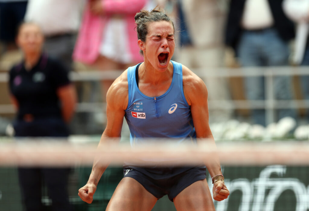 Lois Boisson of France celebrates victory over Jessica Pegula of United States in thir fourth round match during day nine at Roland Garros.