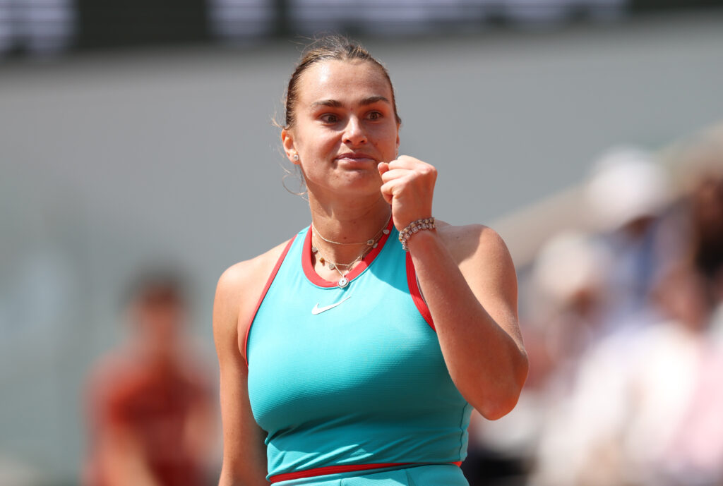 Aryna Sabalenka celebrates a point against Zheng Qinwen of People's Republic of China during the Women's Singles Quarter Final match on Day Ten of the 2025 French Open at Roland Garros.