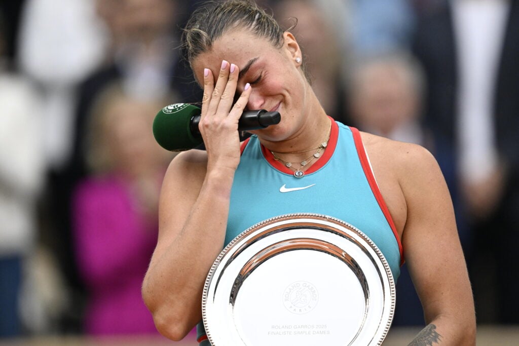 Aryna Sabalenka cries after losing to Coco Gauff in the 2025 French Open final