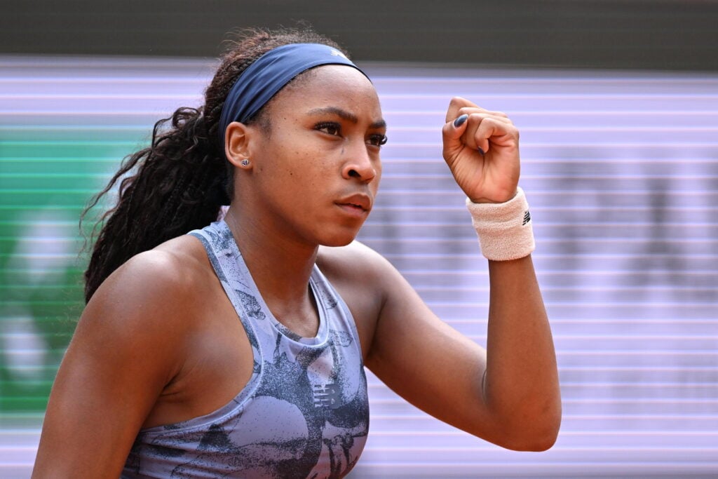 Coco Gauff celebrates winning a point against Aryna Sabalenka in the 2025 French Open final