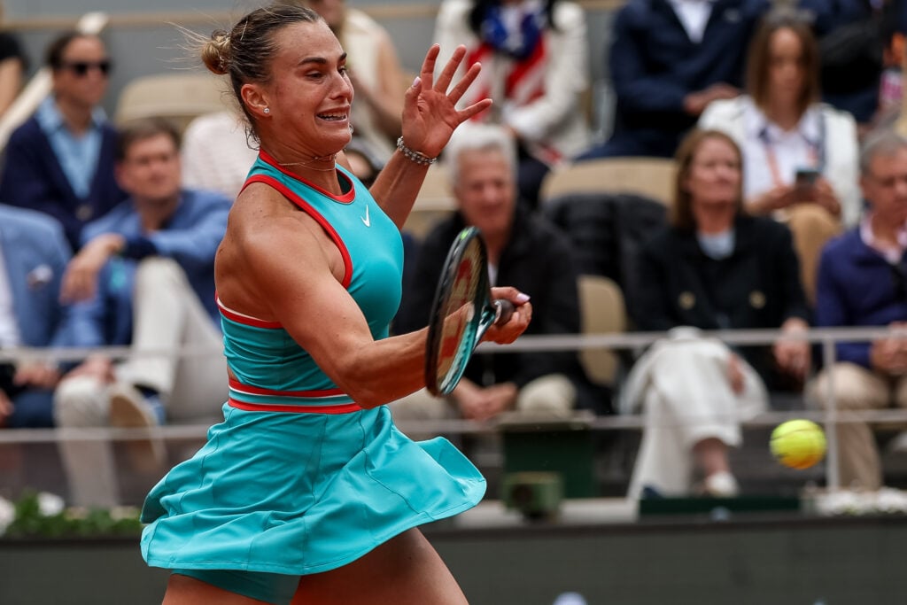 Aryna Sabalenka hits a forehand against Coco Gauff at the 2025 French Open