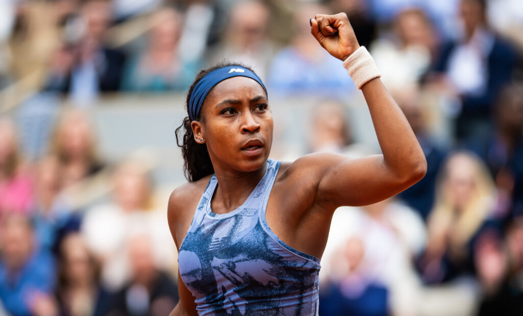 Coco Gauff of the United States reacts while playing against Aryna Sabalenka in the womens singles final on Day Fourteen of the French Open at Roland Garros.