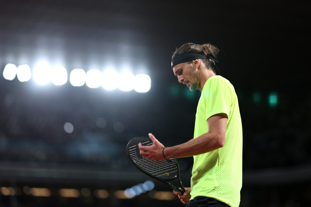 Alexander Zverev looks on during his defeat to Novak Djokovic at the 2025 French Open