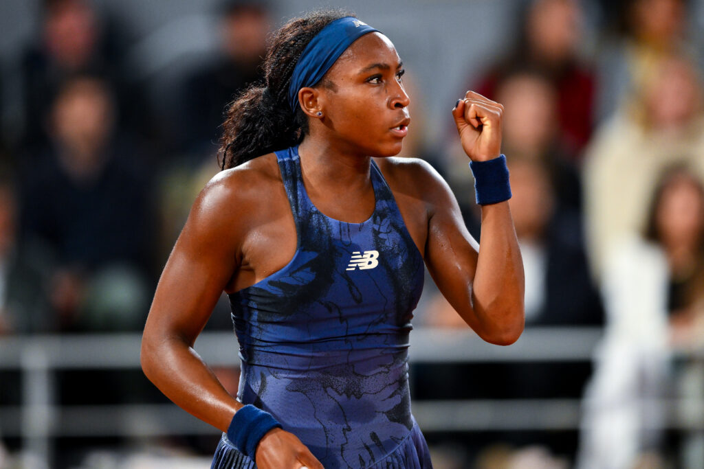 Coco Gauff celebrates during her win over Lois Boisson at the 2025 French Open