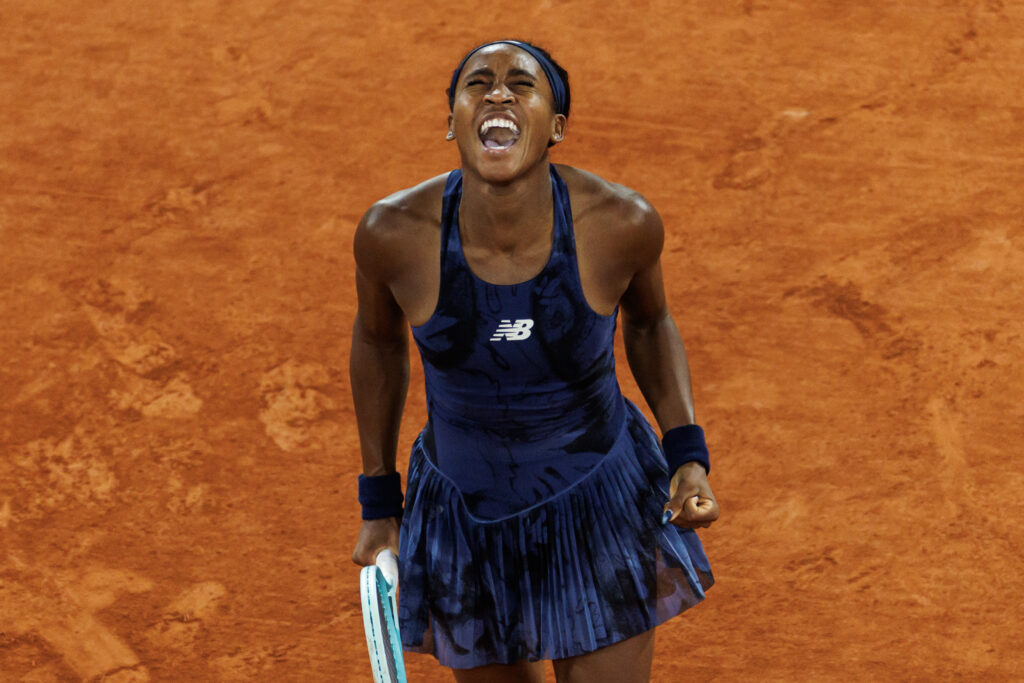 Coco Gauff celebrates reaching the 2025 French Open final