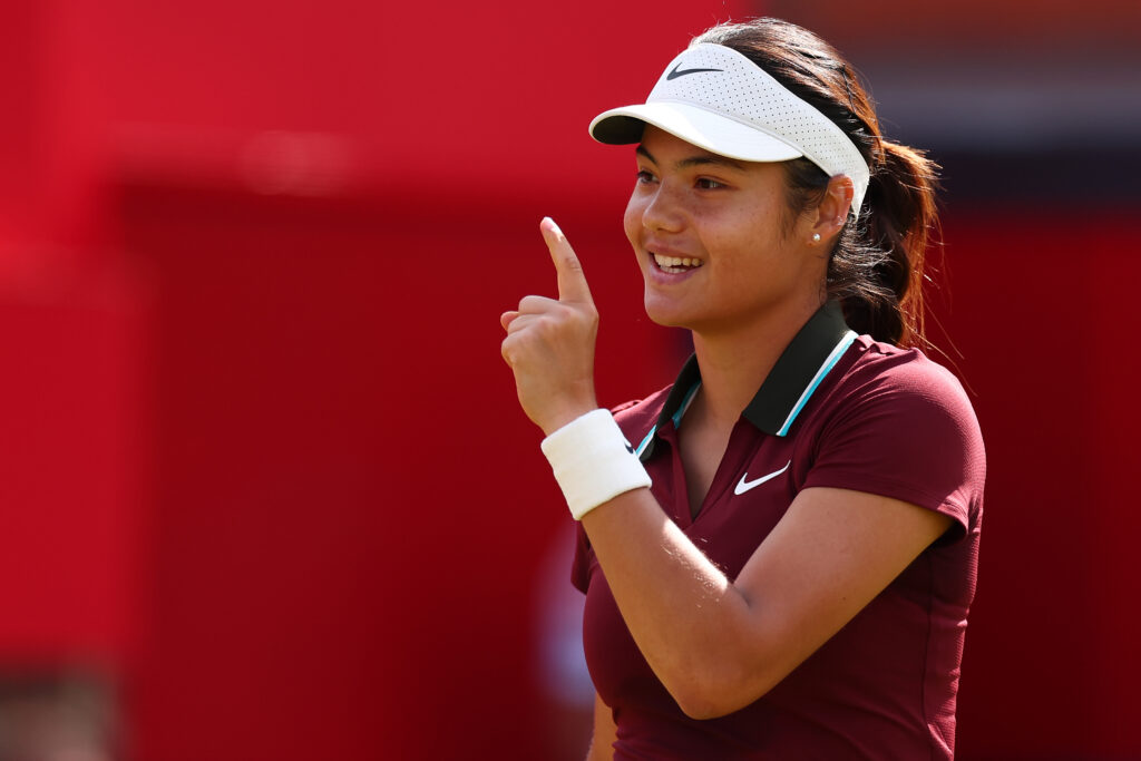 Emma Raducanu celebrates her win over Cristina Bucsa at Queen's