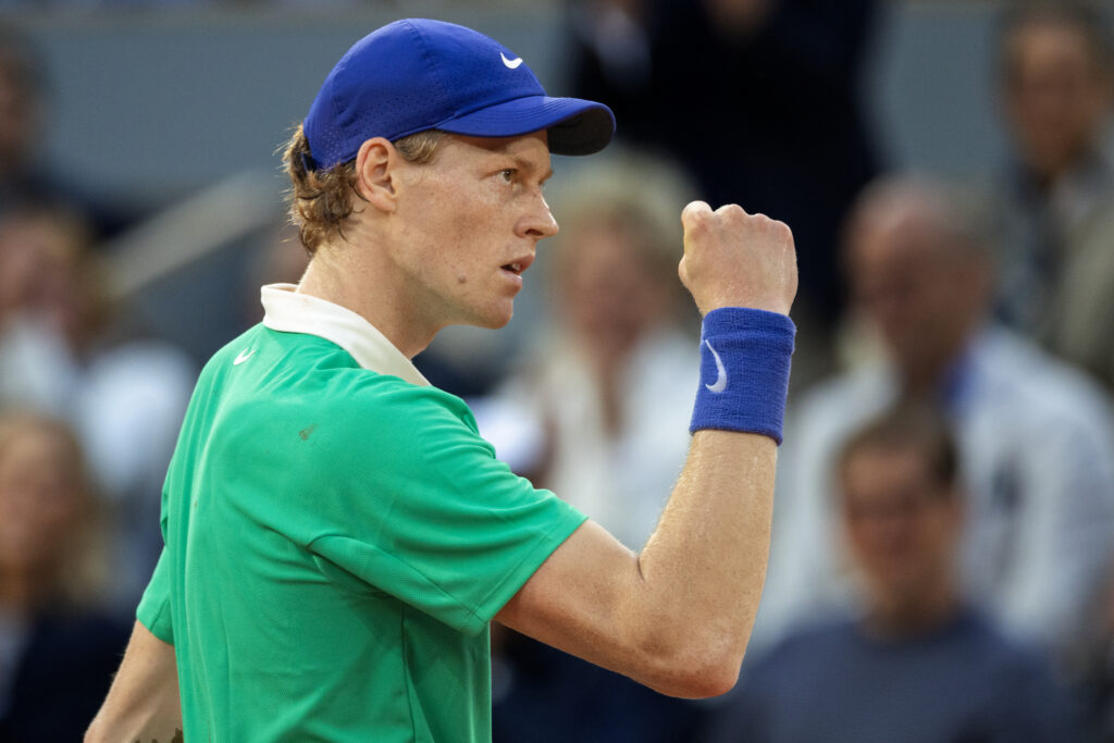 Jannik Sinner reacts during his win over Novak Djokovic at the 2025 French Open