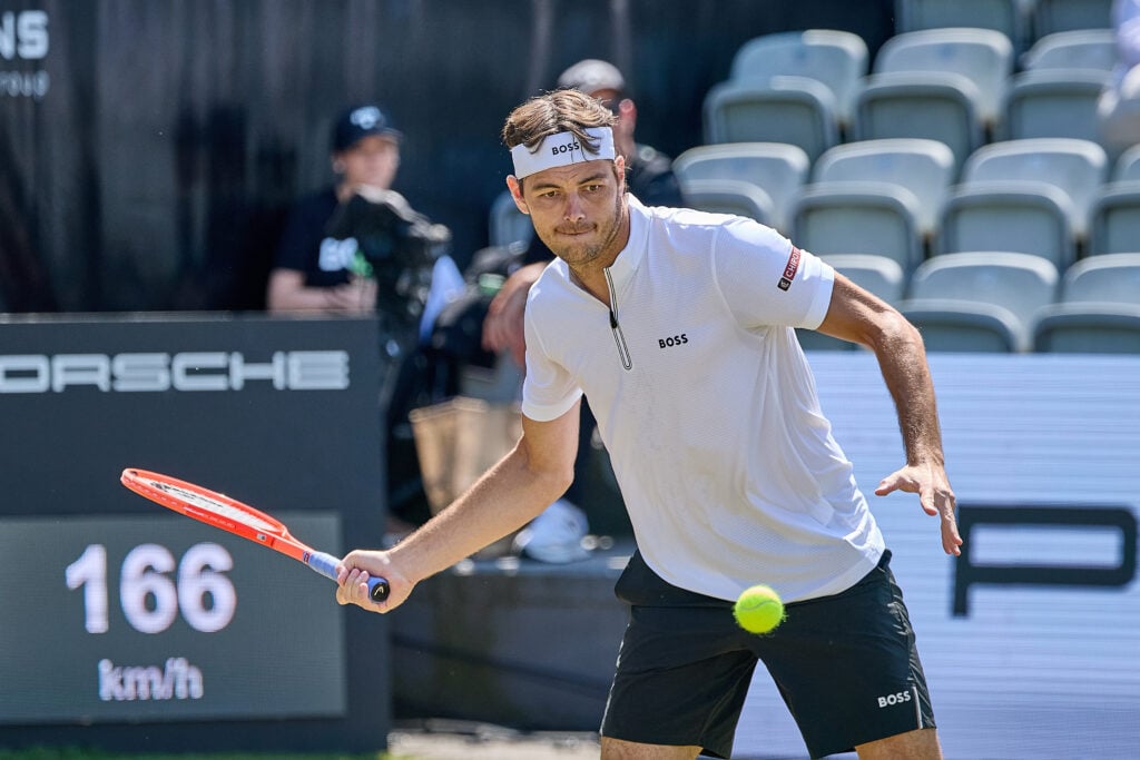 Taylor Fritz hits a forehand during his Stuttgart Open clash with Quentin Halys