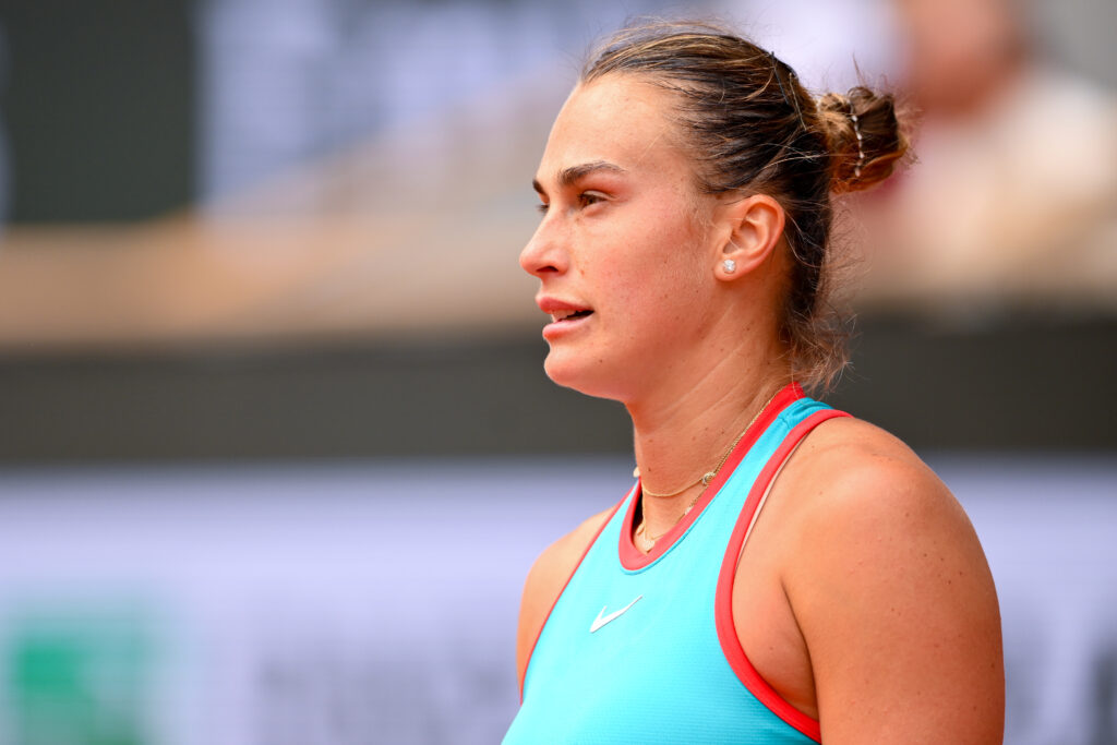 Aryna Sabalenka looks on during the Women's Singles Final match on Day Fourteen of the 2025 French Open at Roland Garros.